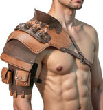 Single Shoulder Armor Vials Coin Pouch Retro Medieval Knight Shoulder Armors Pauldron Renaissance Cosplay Viking Costume (Brown a)
